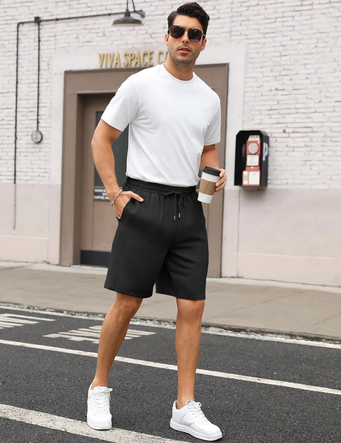 Men's Shorts Casual Summer Drawstring Elastic Waist Lightweight Textured Beach Vacation Shorts with Pockets