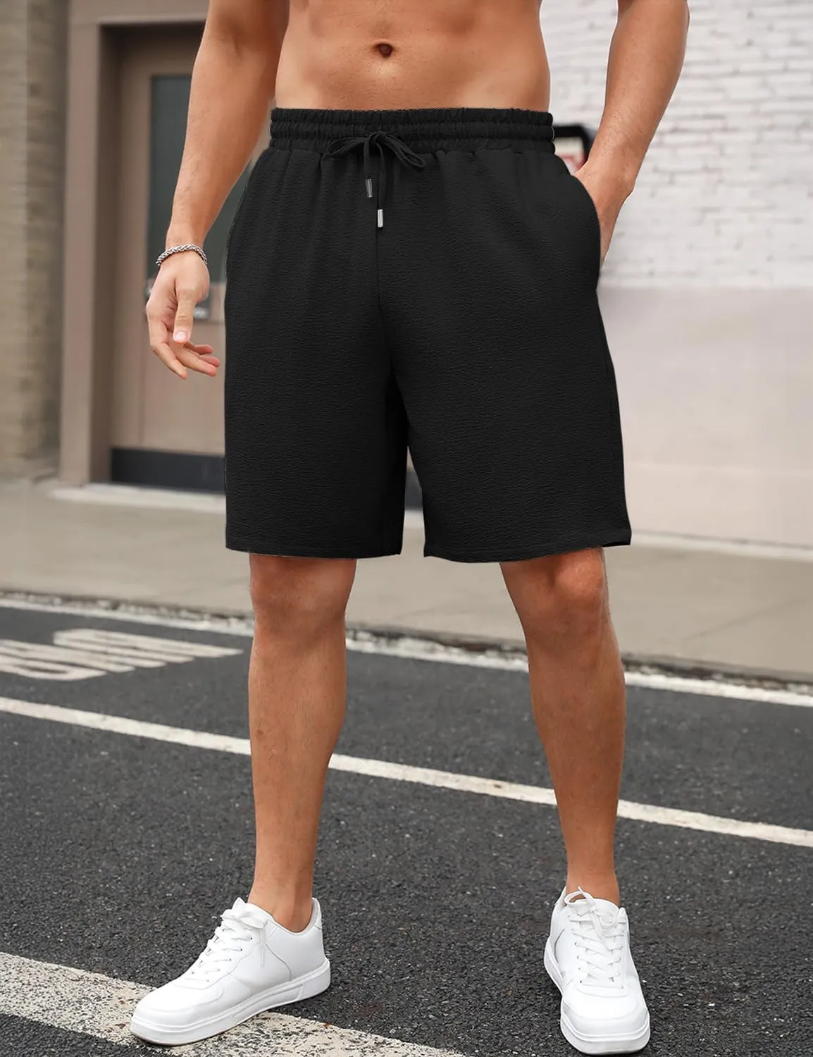 Men's Shorts Casual Summer Drawstring Elastic Waist Lightweight Textured Beach Vacation Shorts with Pockets
