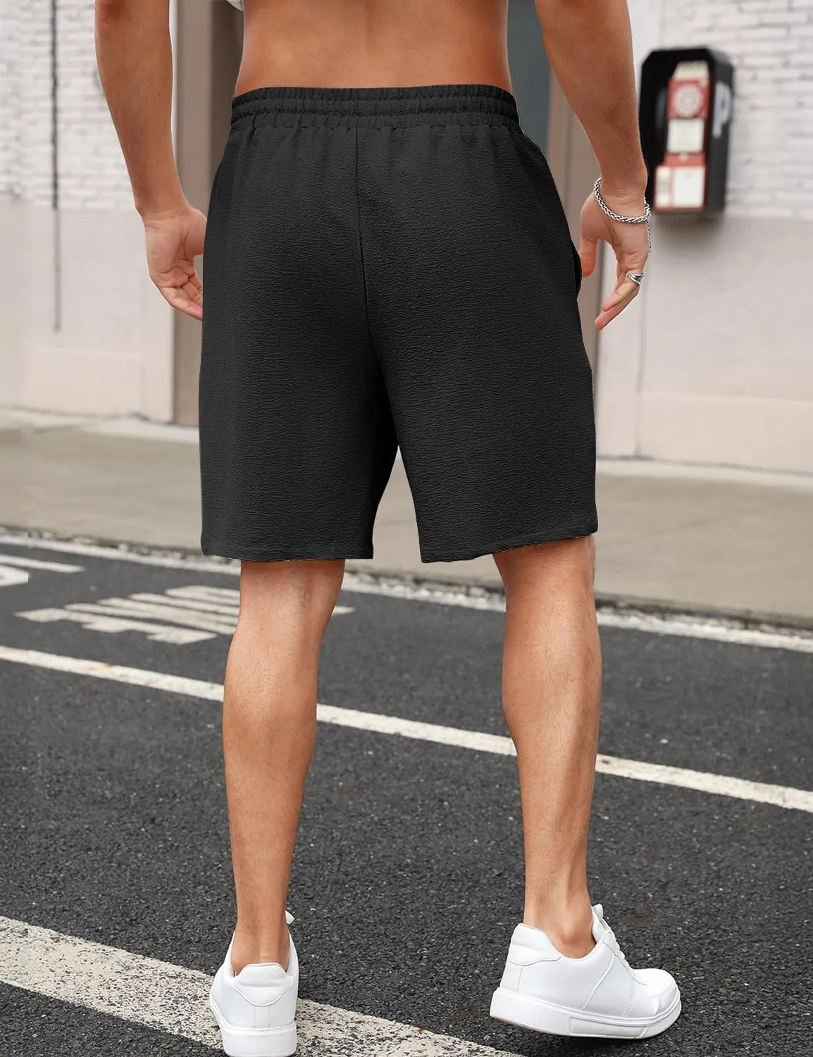 Men's Shorts Casual Summer Drawstring Elastic Waist Lightweight Textured Beach Vacation Shorts with Pockets