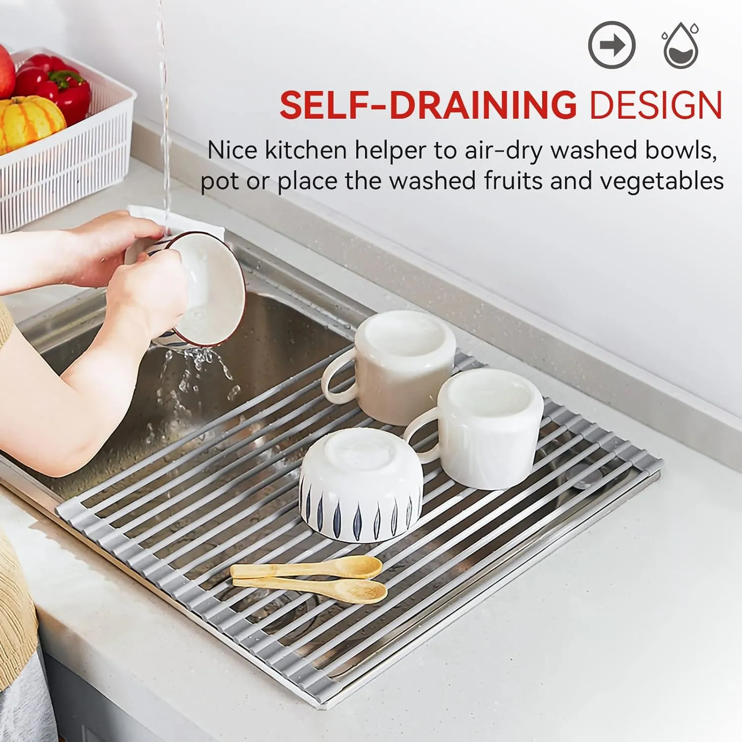 MERRYBOX Roll Up Dish Drying Rack, Over The Sink Dish Rack Foldable, Heat-Resistant, Anti-Slip Silicone Coated Steel Dish Drainer for Kitchen Sink, Multipurpose Roll Up Sink Drying Rack, 17.5" x 13"