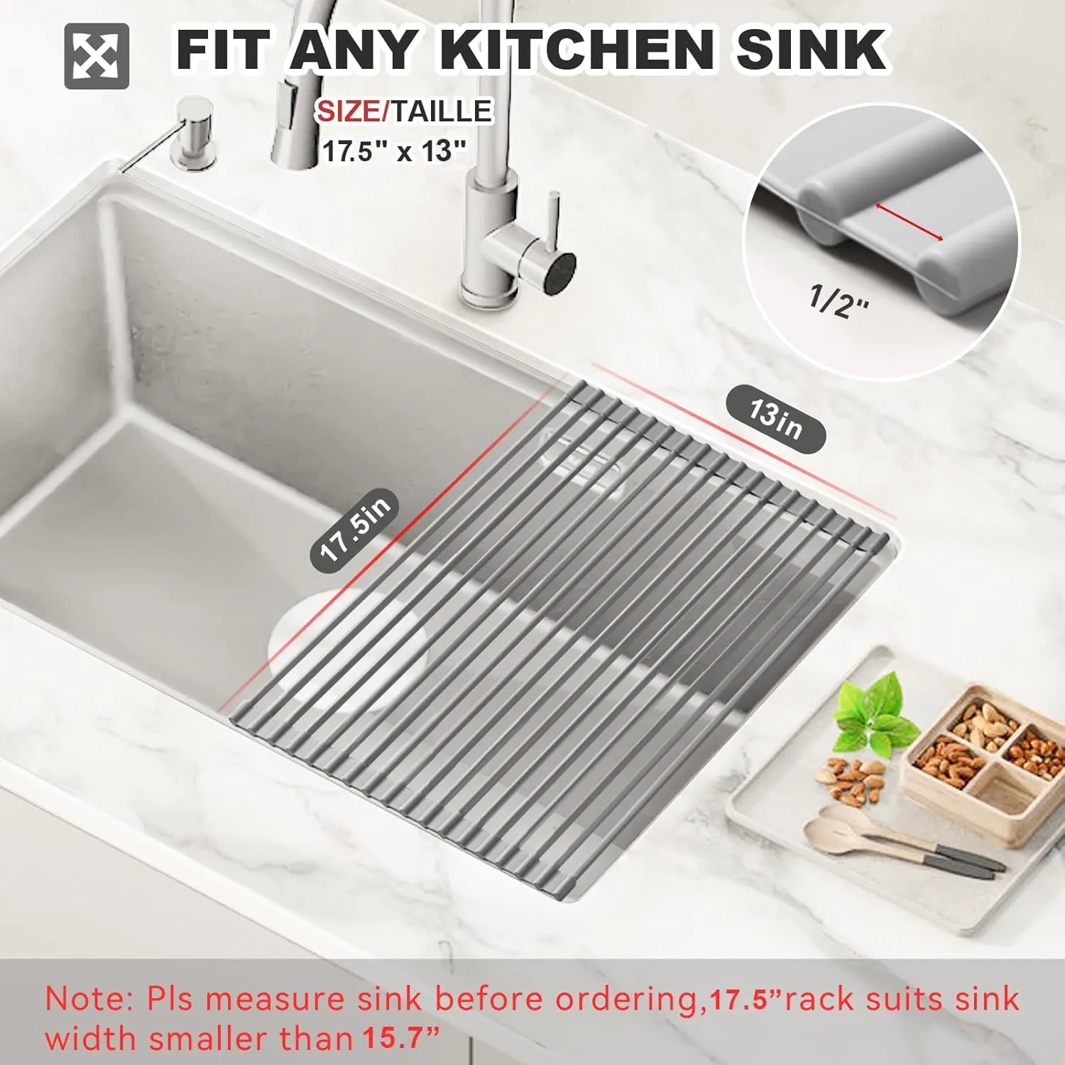 MERRYBOX Roll Up Dish Drying Rack, Over The Sink Dish Rack Foldable, Heat-Resistant, Anti-Slip Silicone Coated Steel Dish Drainer for Kitchen Sink, Multipurpose Roll Up Sink Drying Rack, 17.5" x 13"