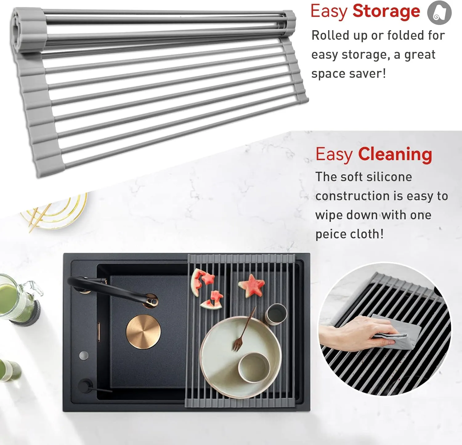 MERRYBOX Roll Up Dish Drying Rack, Over The Sink Dish Rack Foldable, Heat-Resistant, Anti-Slip Silicone Coated Steel Dish Drainer for Kitchen Sink, Multipurpose Roll Up Sink Drying Rack, 17.5" x 13"