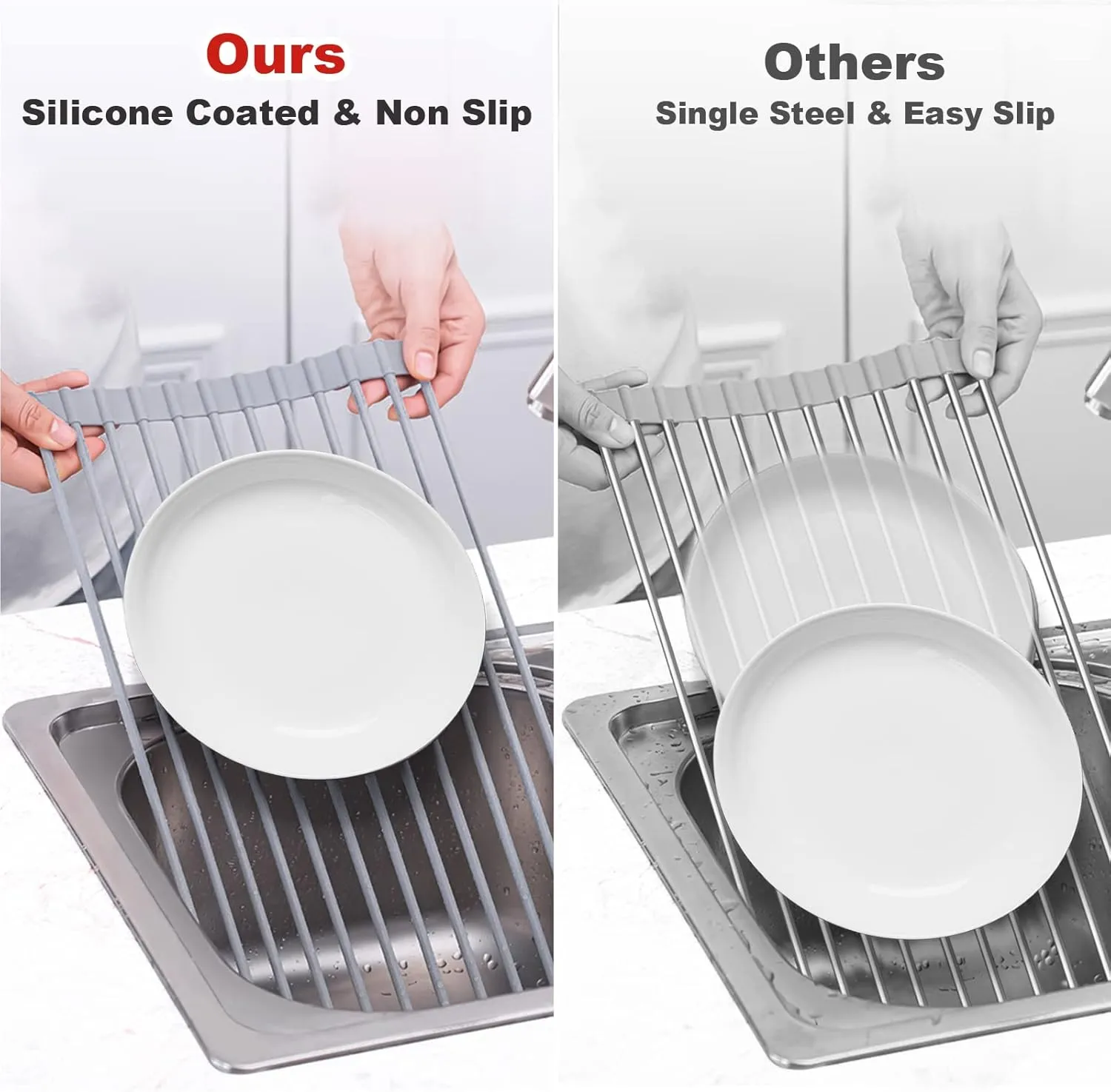 MERRYBOX Roll Up Dish Drying Rack, Over The Sink Dish Rack Foldable, Heat-Resistant, Anti-Slip Silicone Coated Steel Dish Drainer for Kitchen Sink, Multipurpose Roll Up Sink Drying Rack, 17.5" x 13"