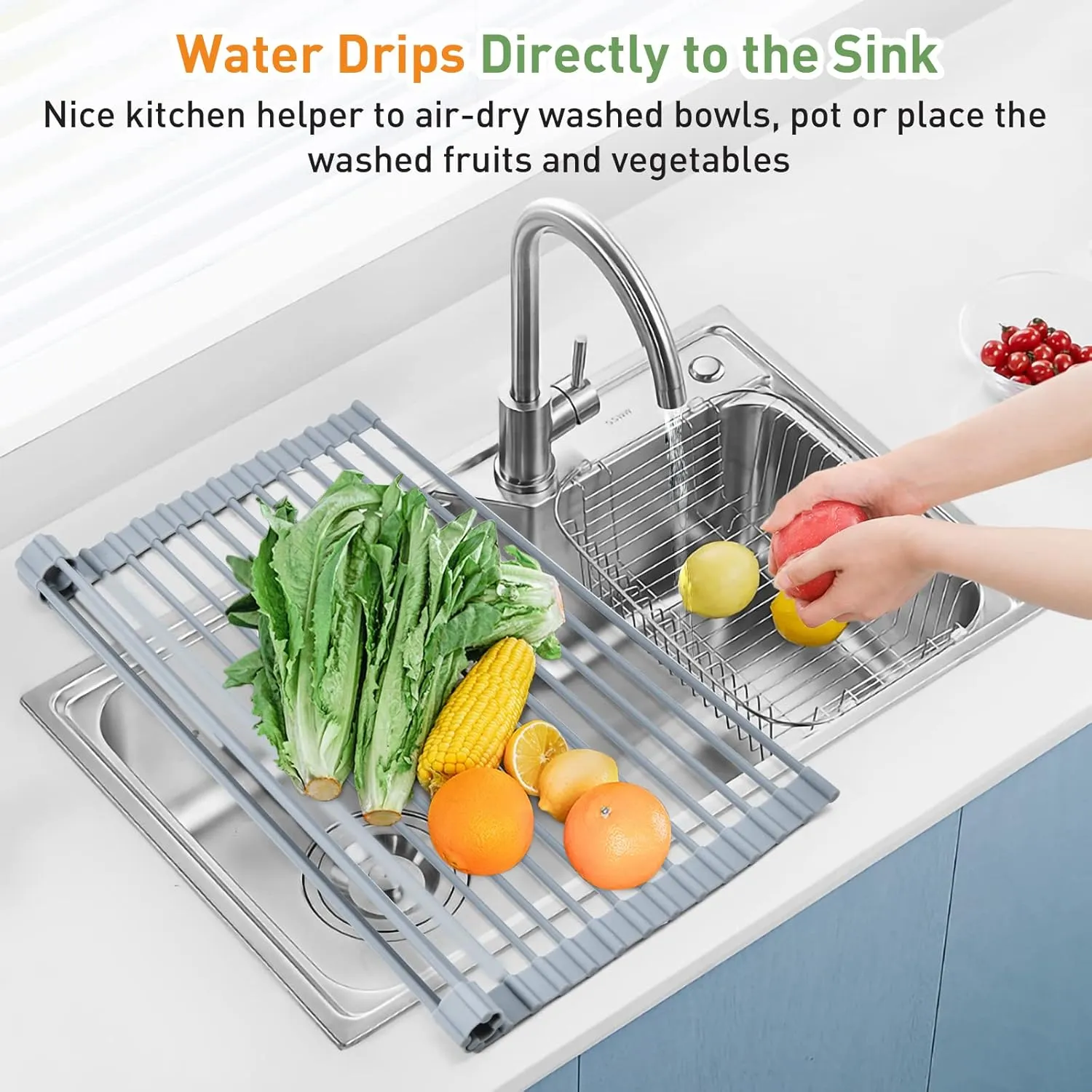 MERRYBOX Roll Up Dish Drying Rack, Over The Sink Dish Rack Foldable, Heat-Resistant, Anti-Slip Silicone Coated Steel Dish Drainer for Kitchen Sink, Multipurpose Roll Up Sink Drying Rack, 17.5" x 13"