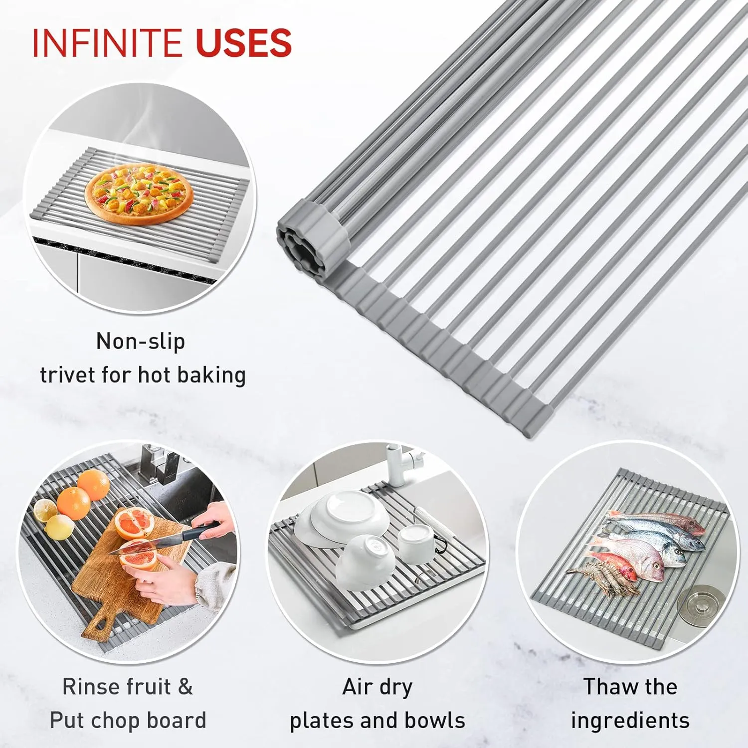 MERRYBOX Roll Up Dish Drying Rack, Over The Sink Dish Rack Foldable, Heat-Resistant, Anti-Slip Silicone Coated Steel Dish Drainer for Kitchen Sink, Multipurpose Roll Up Sink Drying Rack, 17.5" x 13"