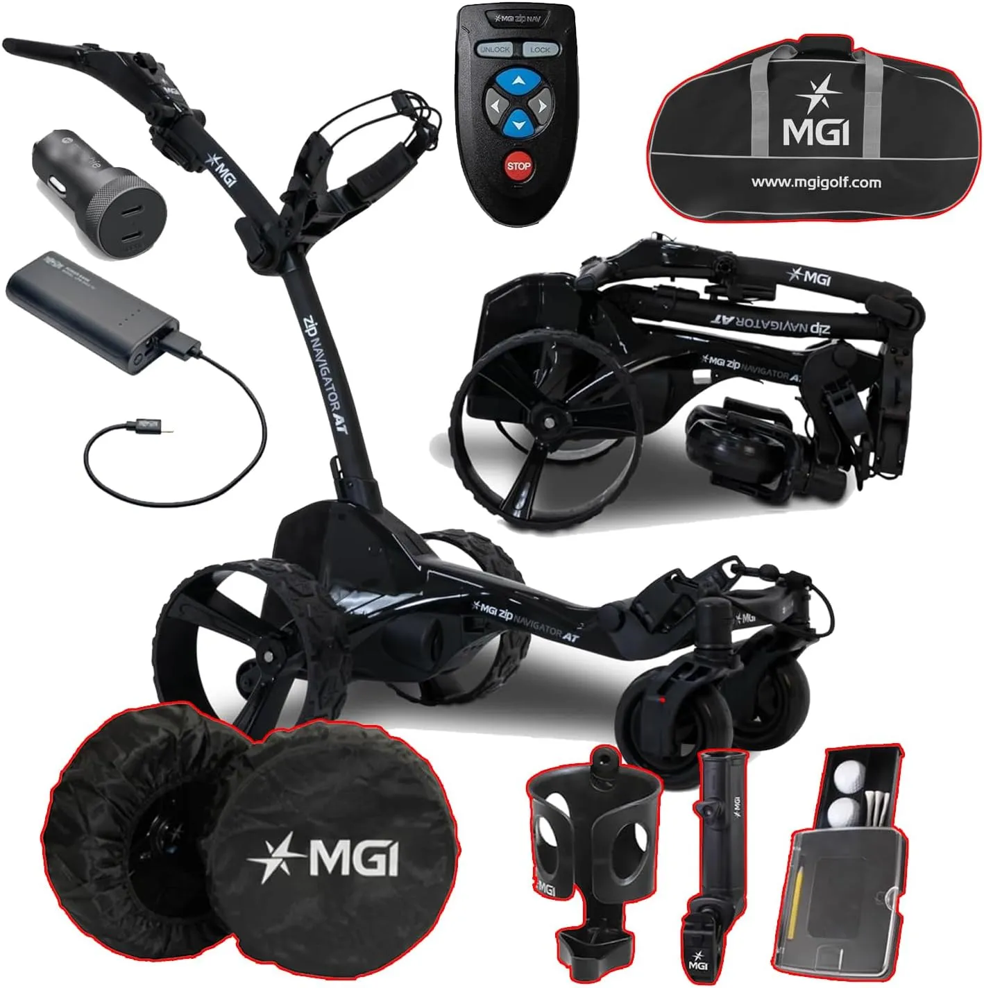 MGI Zip Navigator at All-Terrain Remote Golf Cart with Accessories | Power Bundle | 3-Year Warranty | 36 Holes Extended Battery (Power & Travel)
