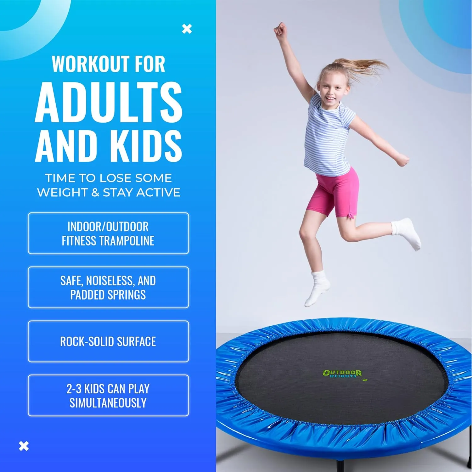 Mini Trampoline, Exercise Fitness Rebounder for Adults & Kids, for Indoor & Outdoor Use, Foldable, Pre-Attached Springs, with Handle,