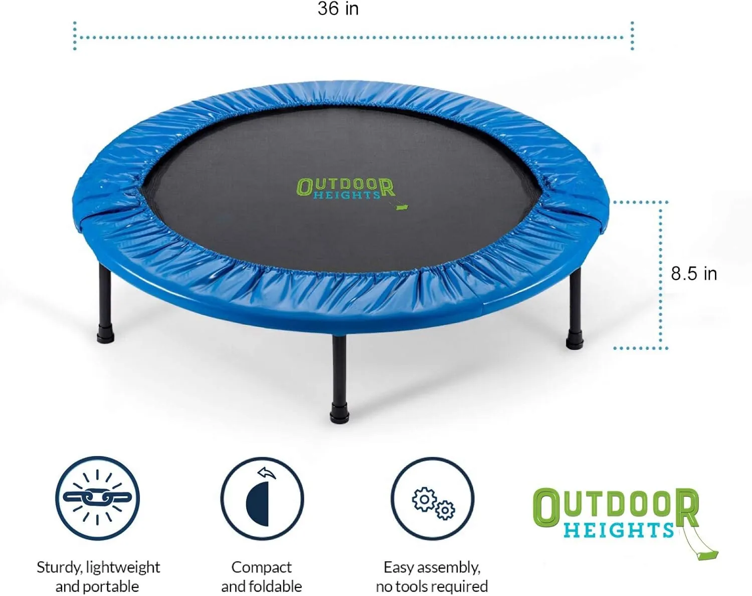 Mini Trampoline, Exercise Fitness Rebounder for Adults & Kids, for Indoor & Outdoor Use, Foldable, Pre-Attached Springs, with Handle,