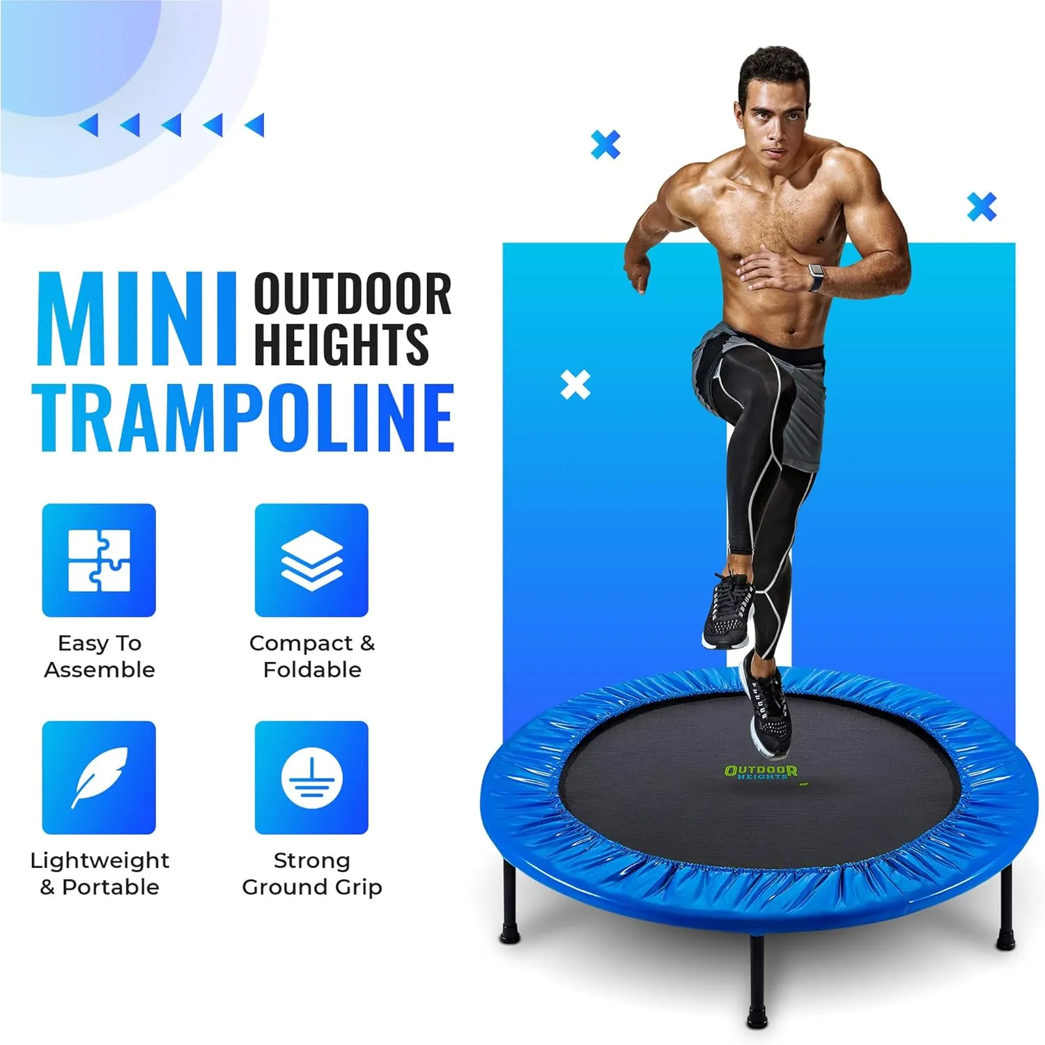 Mini Trampoline, Exercise Fitness Rebounder for Adults & Kids, for Indoor & Outdoor Use, Foldable, Pre-Attached Springs, with Handle,