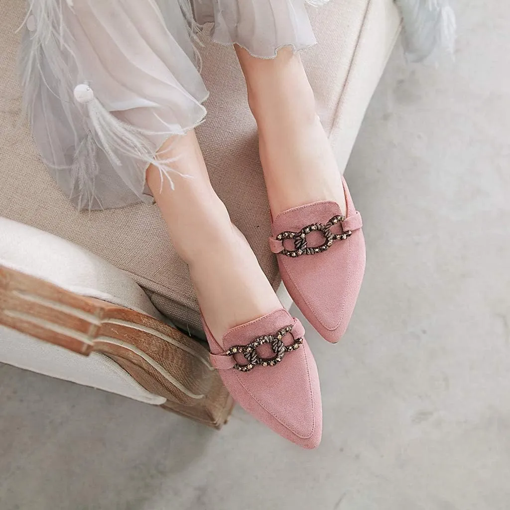 MIOKE Women's Pointed Toe Embroidered Floral Mules Flat Slip On Backless Loafer Low Heel Dress Mule Shoes