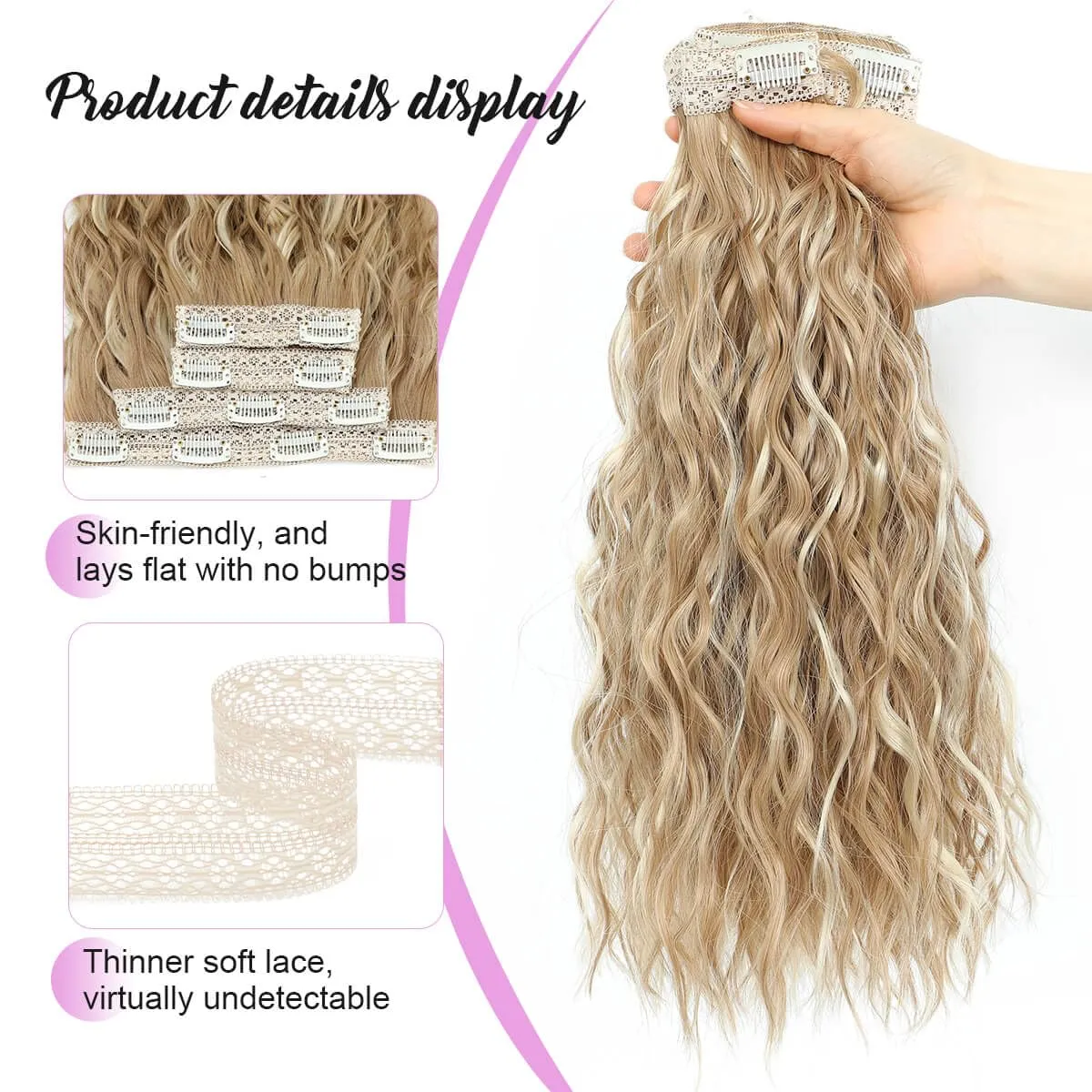 MORICHY Blonde Hair Extensions Clip in curly hair clip in extensions Wavy Seamless Clip in Hair Extensions 16'' Mermaid Waves 4PCS Synthetic Hair Pieces for Women（Blonde Highlights）