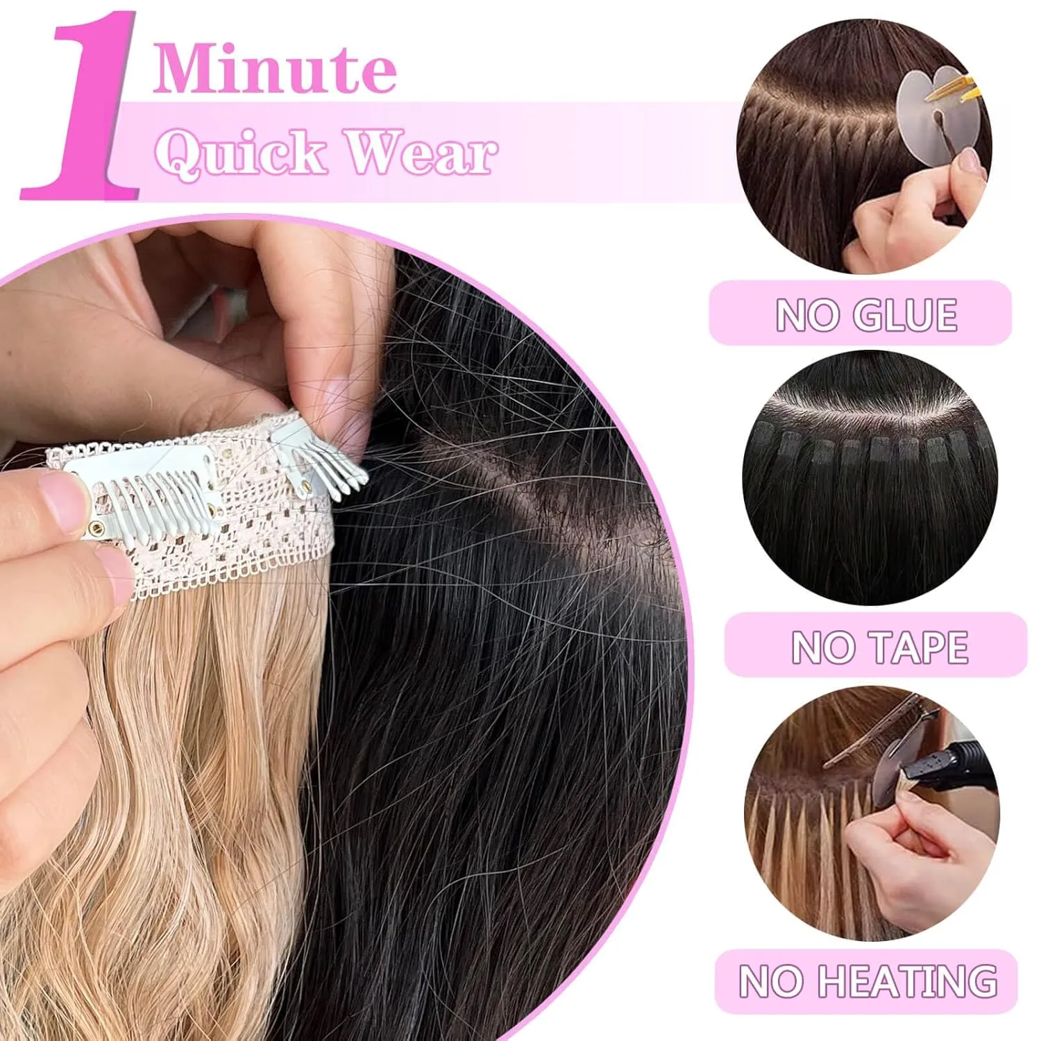 MORICHY Blonde Hair Extensions Clip in curly hair clip in extensions Wavy Seamless Clip in Hair Extensions 16'' Mermaid Waves 4PCS Synthetic Hair Pieces for Women（Blonde Highlights）