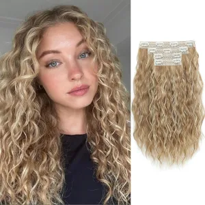 MORICHY Blonde Hair Extensions Clip in curly hair clip in extensions Wavy Seamless Clip in Hair Extensions 16'' Mermaid Waves 4PCS Synthetic Hair Pieces for Women（Blonde Highlights）