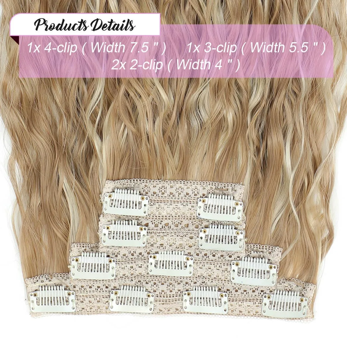 MORICHY Blonde Hair Extensions Clip in curly hair clip in extensions Wavy Seamless Clip in Hair Extensions 16'' Mermaid Waves 4PCS Synthetic Hair Pieces for Women（Blonde Highlights）