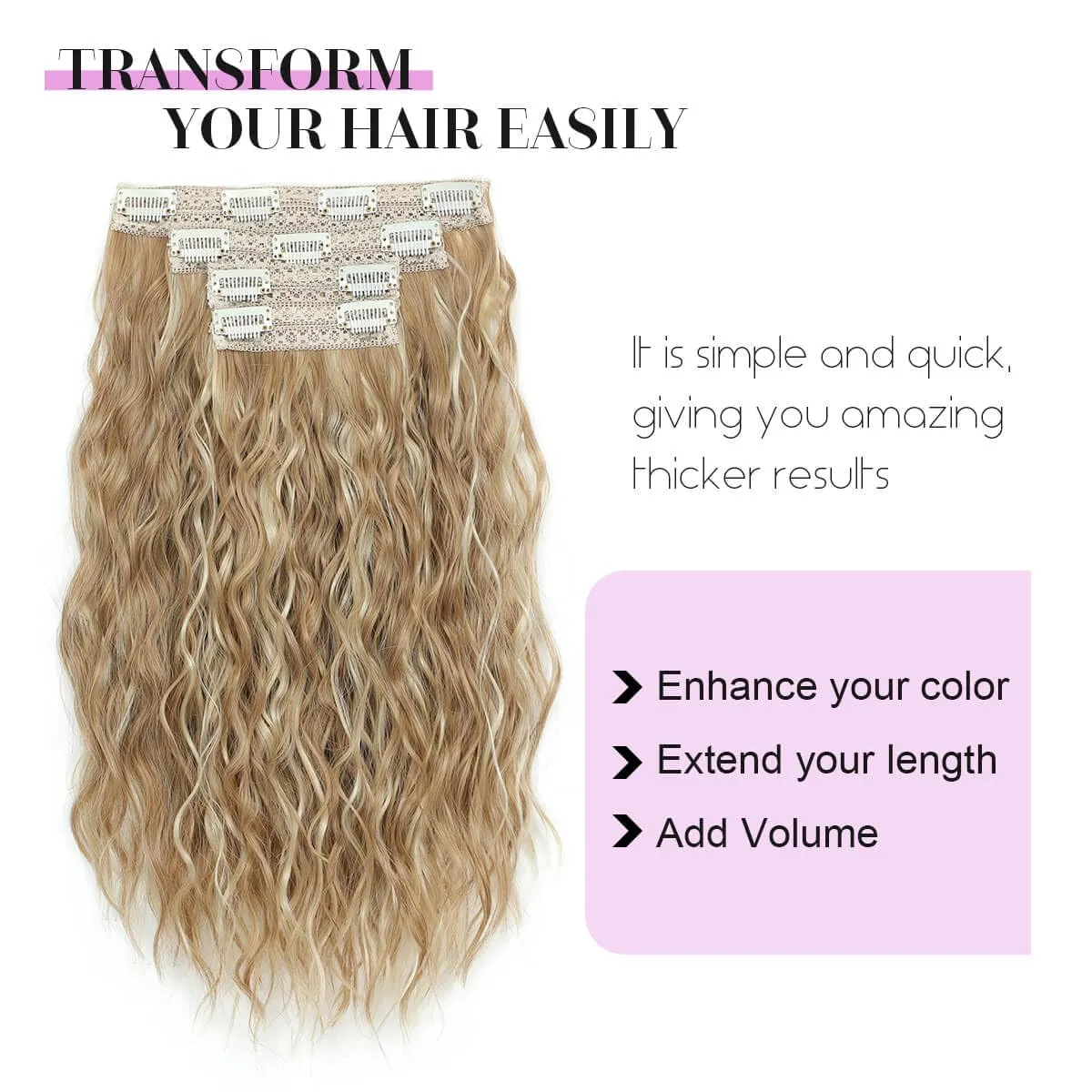 MORICHY Blonde Hair Extensions Clip in curly hair clip in extensions Wavy Seamless Clip in Hair Extensions 16'' Mermaid Waves 4PCS Synthetic Hair Pieces for Women（Blonde Highlights）