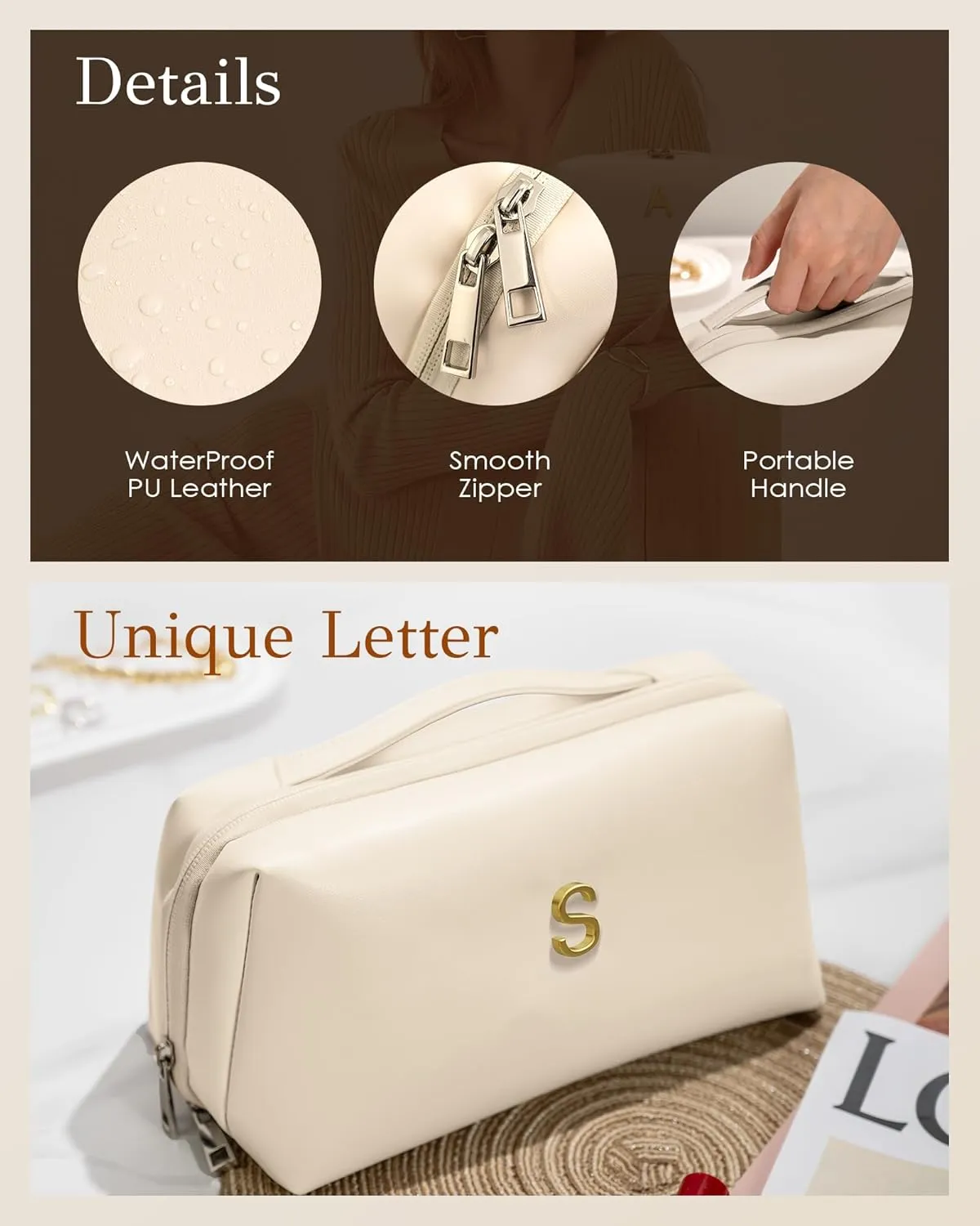 Mothers Day Gifts for Mom - Initial Makeup Bag for Women Girls, Bridesmaid Gifts, Teacher Appreciation Gifts, Graduation Gifts, Large Capacity & Wide Open Cosmetic Toiletry Bags, Friends Gift
