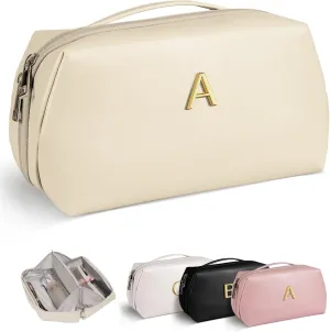 Mothers Day Gifts for Mom - Initial Makeup Bag for Women Girls, Bridesmaid Gifts, Teacher Appreciation Gifts, Graduation Gifts, Large Capacity & Wide Open Cosmetic Toiletry Bags, Friends Gift