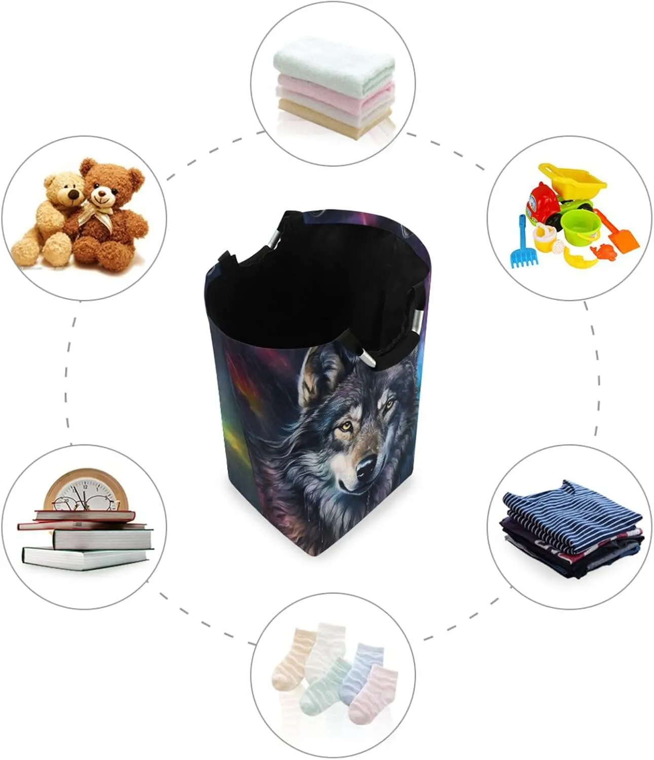 Nander Wolf Large Laundry Basket,Collapsible Laundry Bag, Foldable Laundry Hamper, Toy Storage Basket for Blankets, Towels, Books