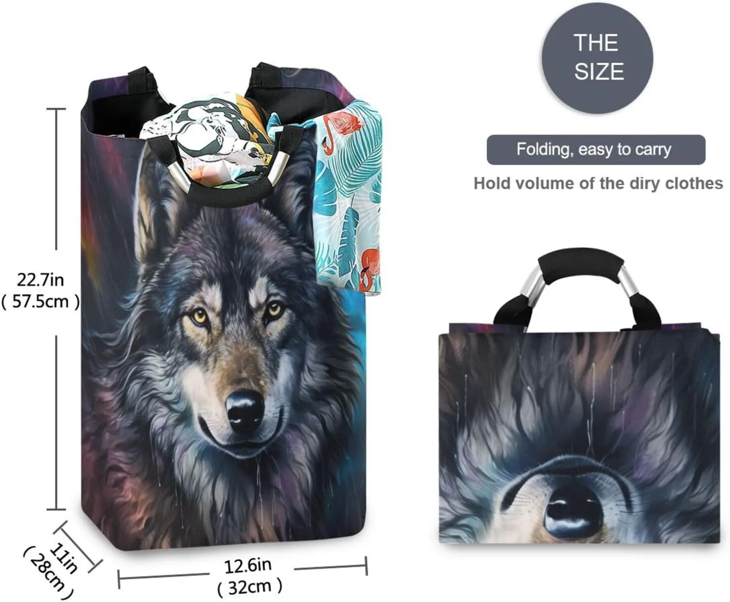 Nander Wolf Large Laundry Basket,Collapsible Laundry Bag, Foldable Laundry Hamper, Toy Storage Basket for Blankets, Towels, Books