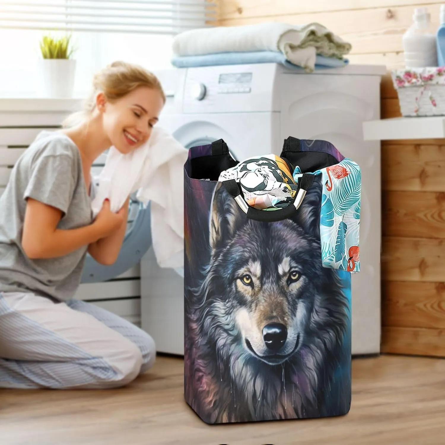 Nander Wolf Large Laundry Basket,Collapsible Laundry Bag, Foldable Laundry Hamper, Toy Storage Basket for Blankets, Towels, Books