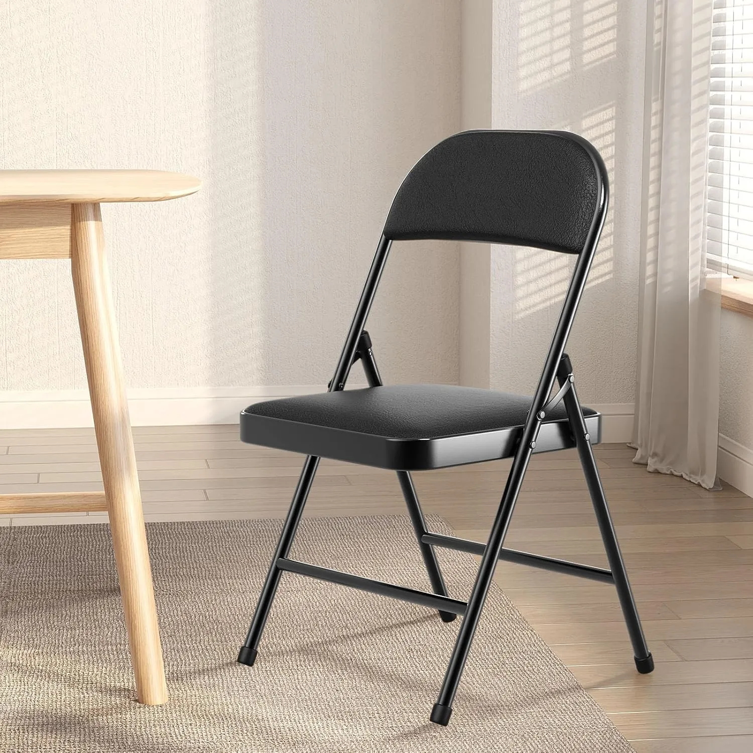 Nazhura 4 Pack Folding Chairs with Padded Cushion and Back, Khaki Metal Chairs with Comfortable Cushion and Durable Steel Frame for Home and Office, for Indoor and Outdoor Events (Black, 4 Pack)