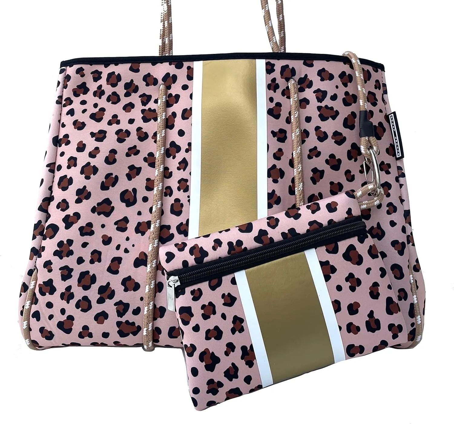 Neoprene Tote Bag Beach Bag Women Gym Tote Pool Bag Large Travel Tote Bag Foldable Beach Bag Pink Cheetah Gold Stripe by Lolly Luella, X-Large