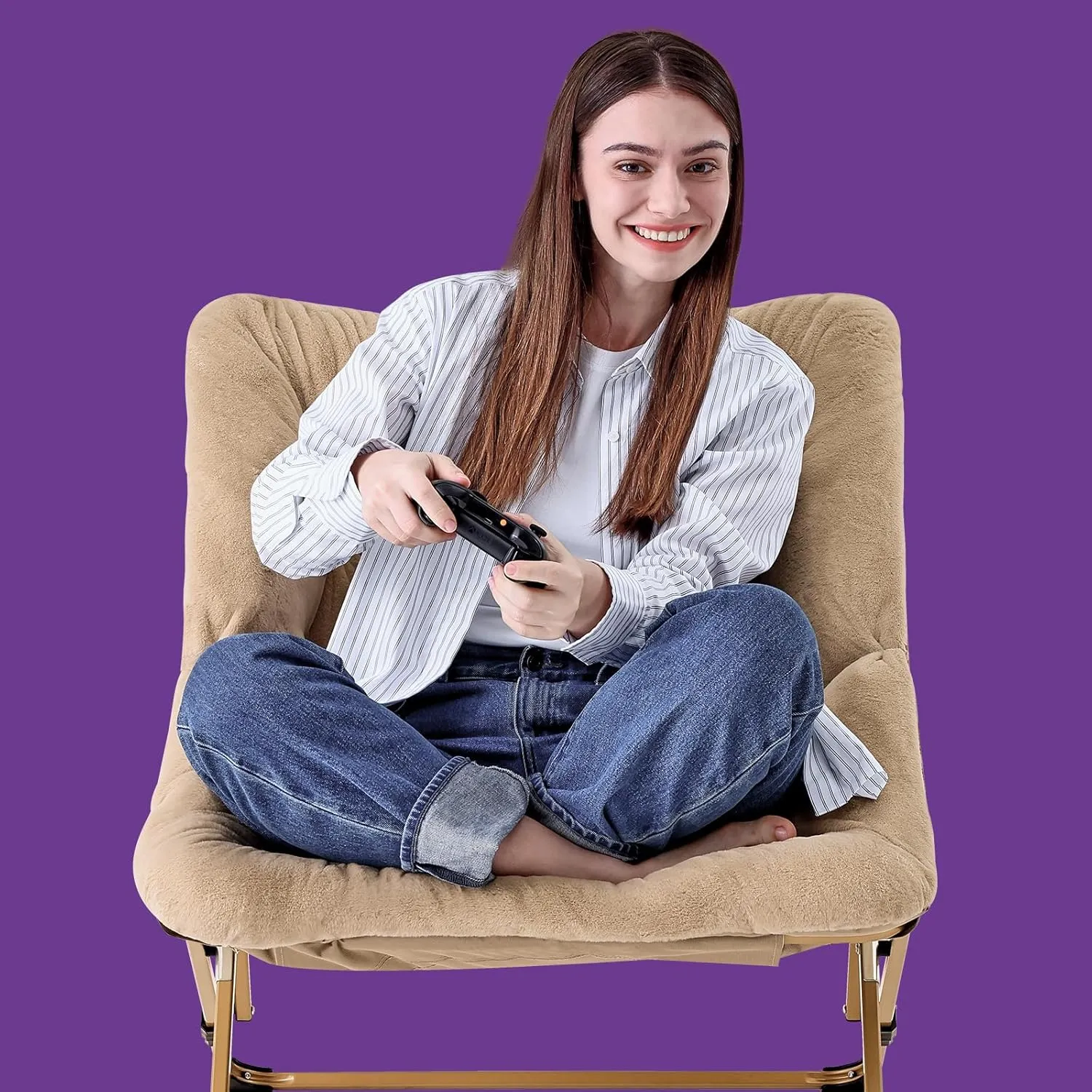 OAKHAM Comfy Chair for Adults, Soft Faux Fur Folding Lounge for Bedroom Living Room Dorm Rooms Flexible Reading Chair for Teens Kids, X-Large Foldable (Faux Fur-Beige)
