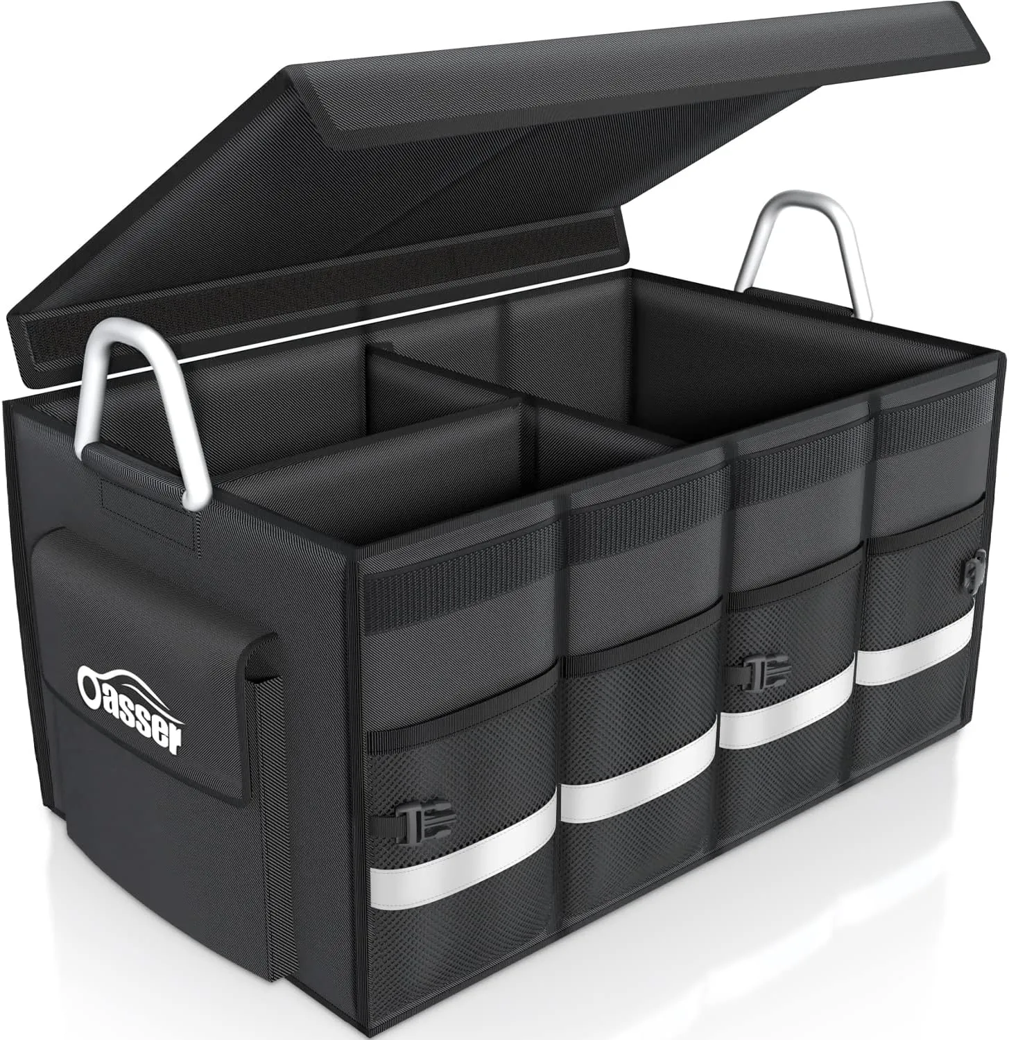 Oasser Trunk Organizer Cargo Organizer Trunk Storage Waterproof Collapsible Durable Multi Compartments with Foldable Cover Aluminium Alloy Handle Reflective Strip (Large, Black)