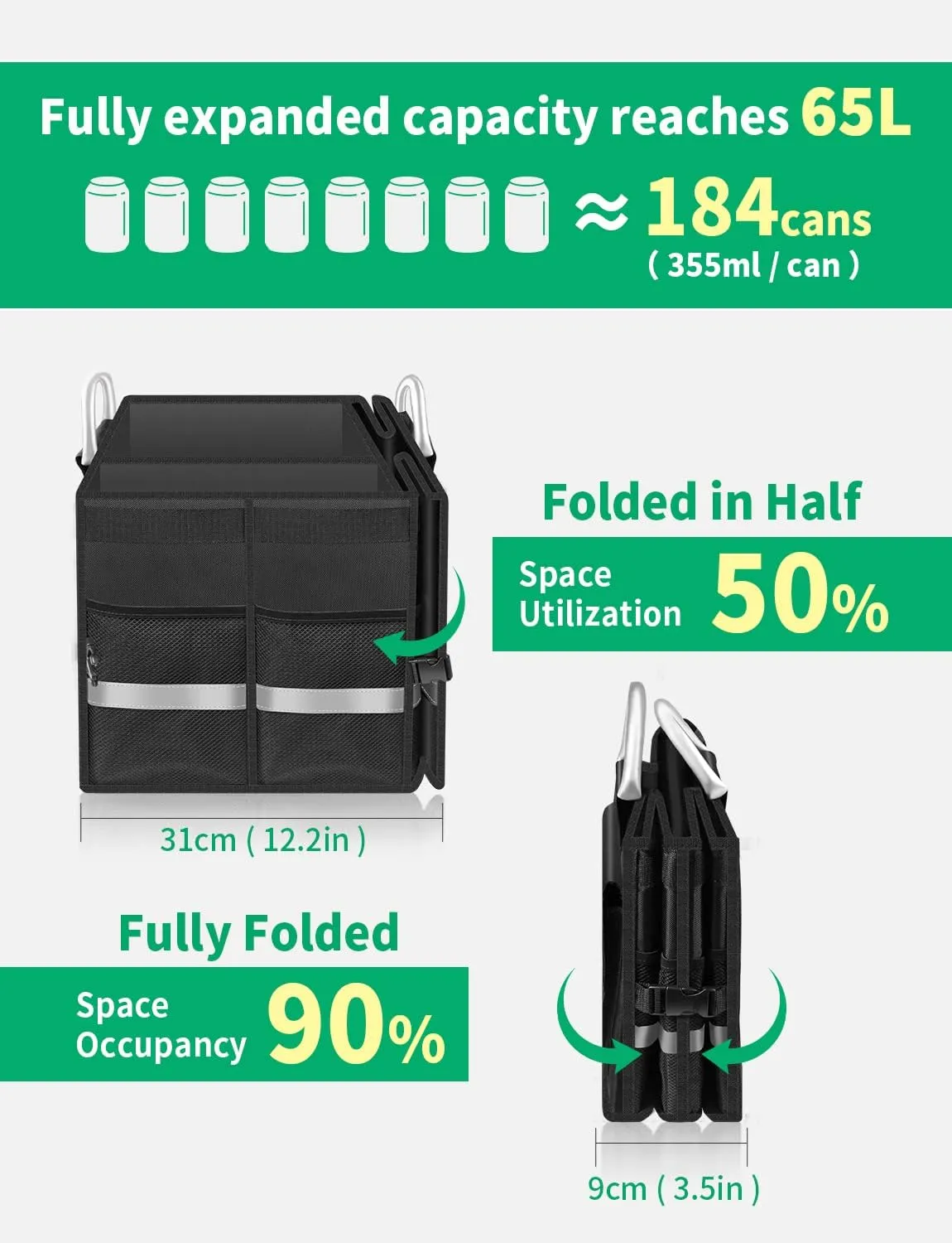 Oasser Trunk Organizer Cargo Organizer Trunk Storage Waterproof Collapsible Durable Multi Compartments with Foldable Cover Aluminium Alloy Handle Reflective Strip (Large, Black)
