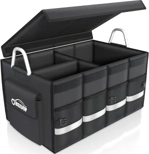 Oasser Trunk Organizer Cargo Organizer Trunk Storage Waterproof Collapsible Durable Multi Compartments with Foldable Cover Aluminium Alloy Handle Reflective Strip (Large, Black)