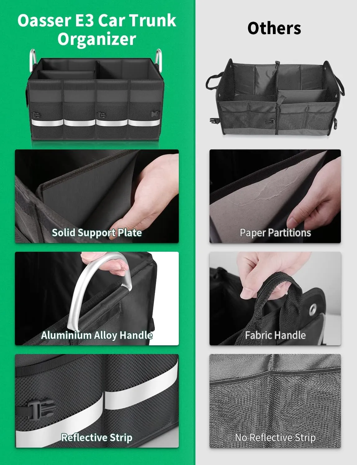 Oasser Trunk Organizer Cargo Organizer Trunk Storage Waterproof Collapsible Durable Multi Compartments with Foldable Cover Aluminium Alloy Handle Reflective Strip (Large, Black)