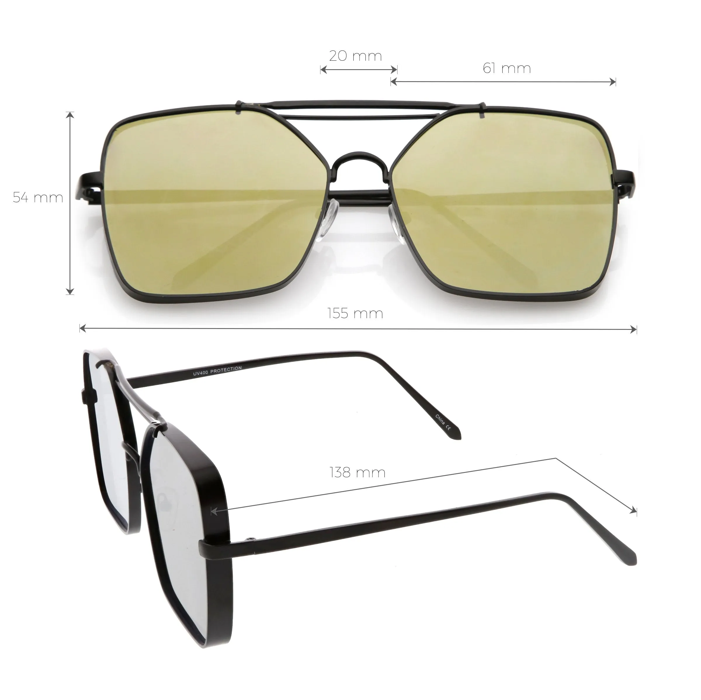 Oversize Reinforced Metal Mirrored Flat Lens Aviator Sunglasses C200