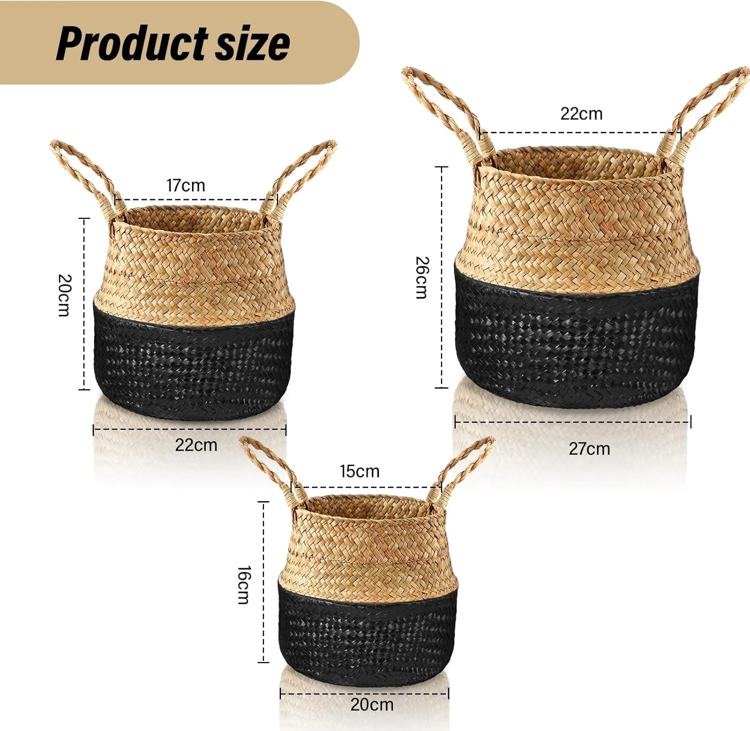 Patelai 3 Set Seagrass Belly Storage Basket Woven Plant Pot Holder with Handles for Plants Picnic Grocery Laundry(Black)
