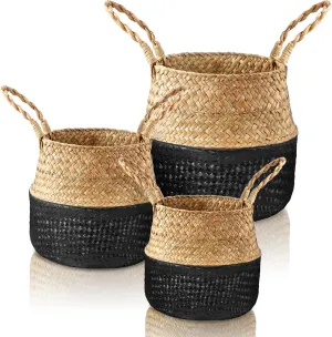 Patelai 3 Set Seagrass Belly Storage Basket Woven Plant Pot Holder with Handles for Plants Picnic Grocery Laundry(Black)