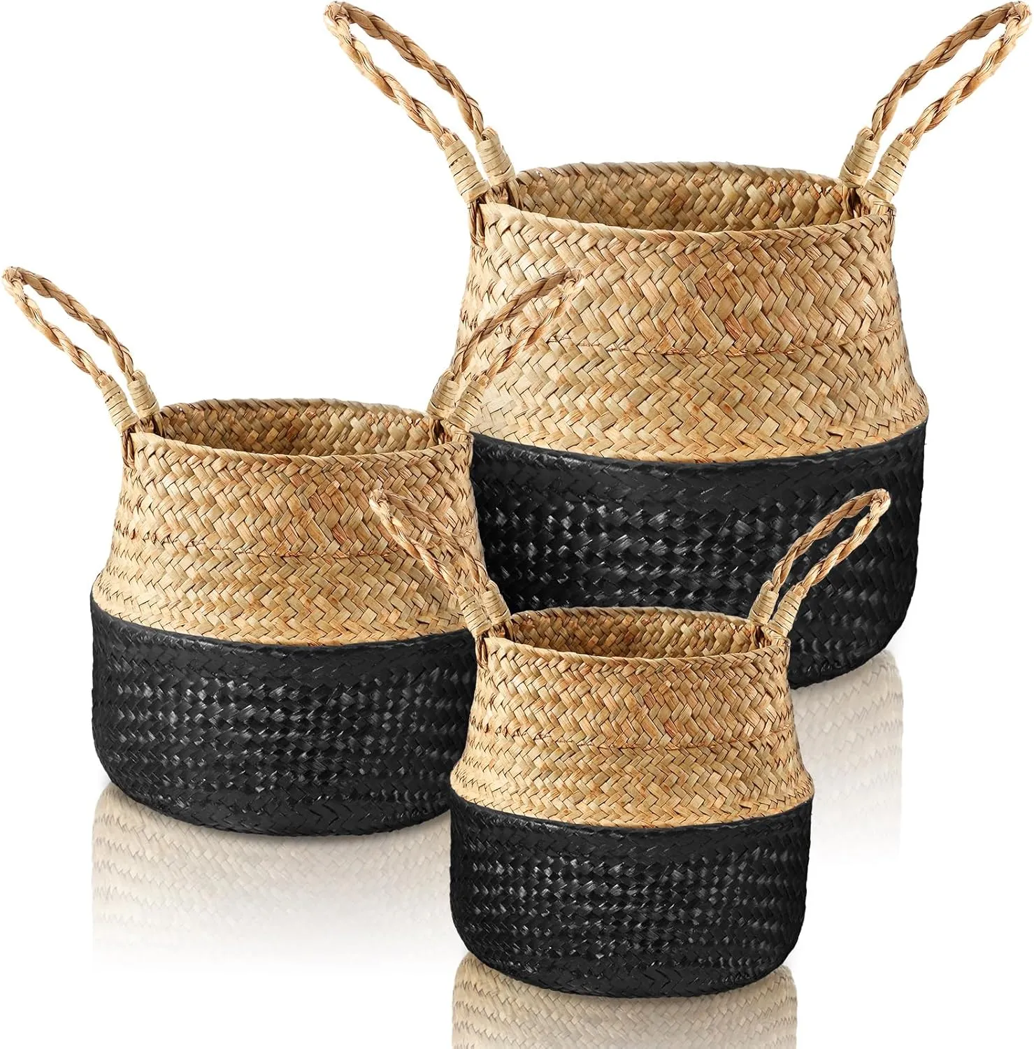 Patelai 3 Set Seagrass Belly Storage Basket Woven Plant Pot Holder with Handles for Plants Picnic Grocery Laundry(Black)