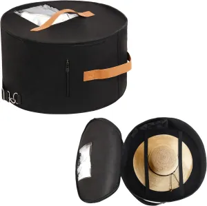 Pehciroe Modern Black Round Hat Box Storage, Portable Felt Travel Hat Boxes with Translucent Dustproof Lid and Shoulder Strap, 16.9" x 8.3" x 8.3"