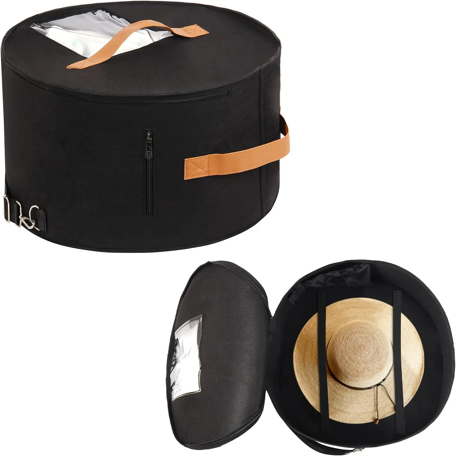 Pehciroe Modern Black Round Hat Box Storage, Portable Felt Travel Hat Boxes with Translucent Dustproof Lid and Shoulder Strap, 16.9" x 8.3" x 8.3"