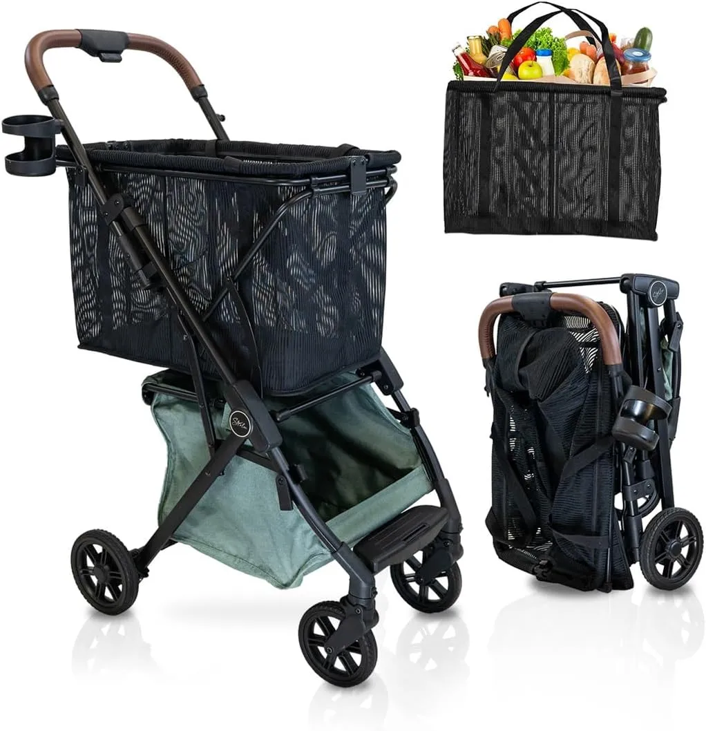 Personal Luxury Folding Shopping Cart On Premium Wheels – Ultra Lightweight Aluminum Frame – Removable Shopping Bag with Carry Strap & Lower Grocery Storage 75Lbs Capacity (Sage v2)