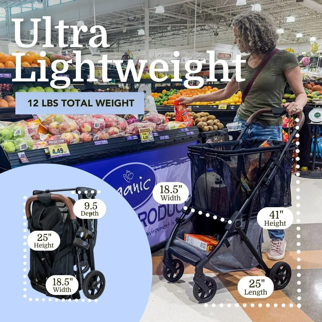 Personal Luxury Folding Shopping Cart On Premium Wheels – Ultra Lightweight Aluminum Frame – Removable Shopping Bag with Carry Strap & Lower Grocery Storage 75Lbs Capacity (Sage v2)