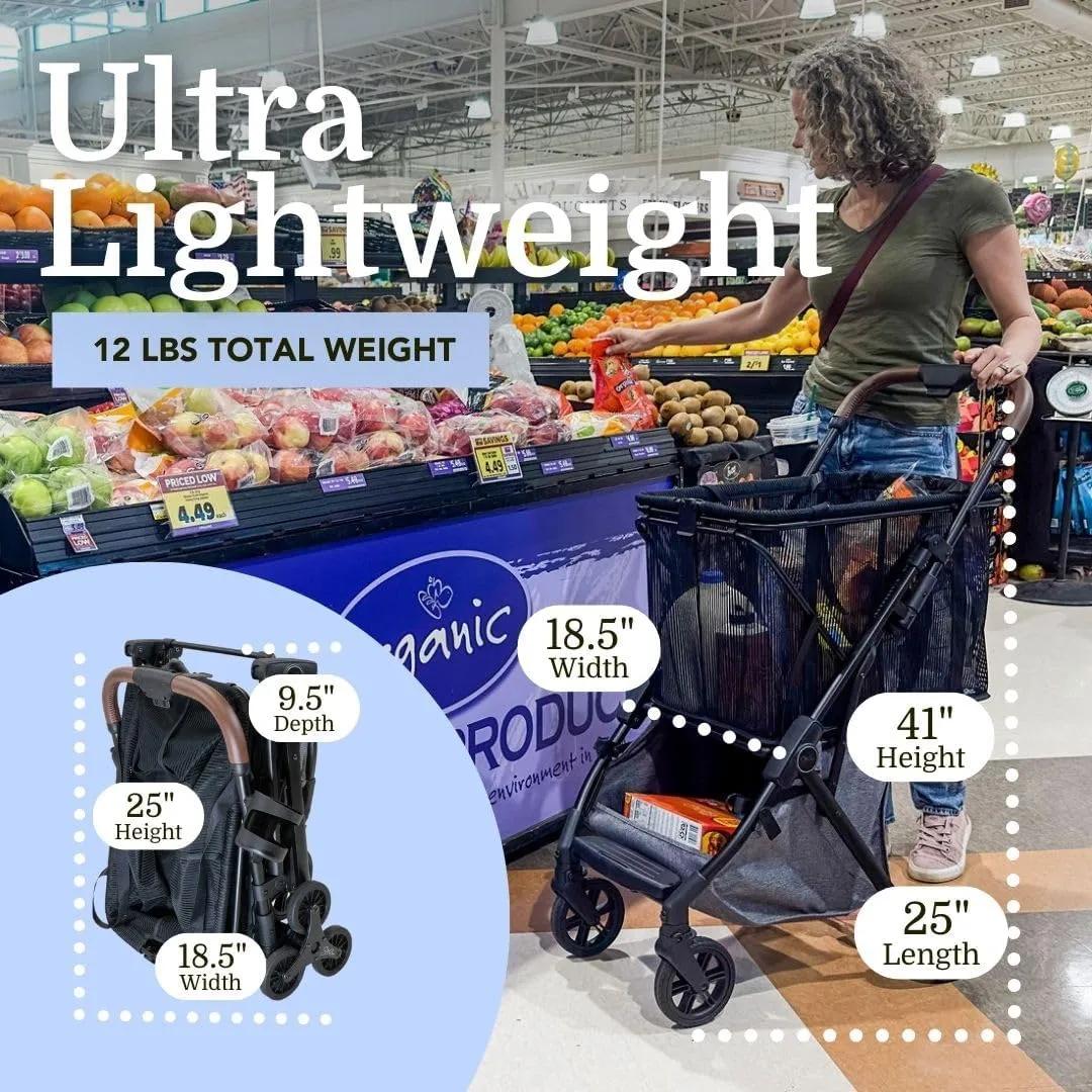 Personal Luxury Folding Shopping Cart with Stair Climbing Wheels – Lightweight Aluminum Frame – Removable Shopping Bag with Carry Strap & Lower Storage 75Lbs Capacity (Shadow v2 Stair Wheels)