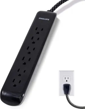 Philips 6 Outlet Surge Protector Power Strip, Designer Braided Power Cord, 10 Ft Power Cord, Flat Plug Extension Cord, Perfect for Office or Home Décor, 1080 Joules, ETL Listed, Black, SPC3064BG/37