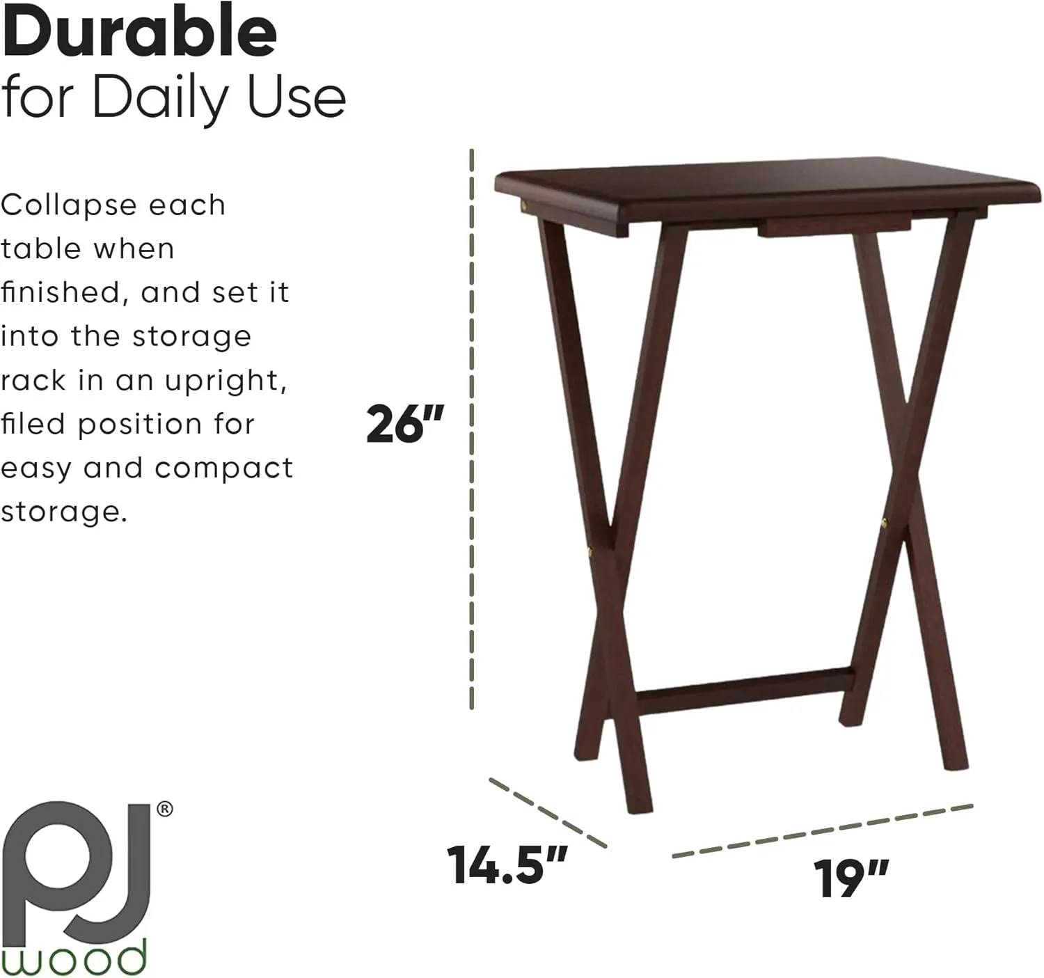 PJ Wood 5 Piece Set, 4 Folding Wooden TV Tray Snack Tables with Storage Rack, Walnut