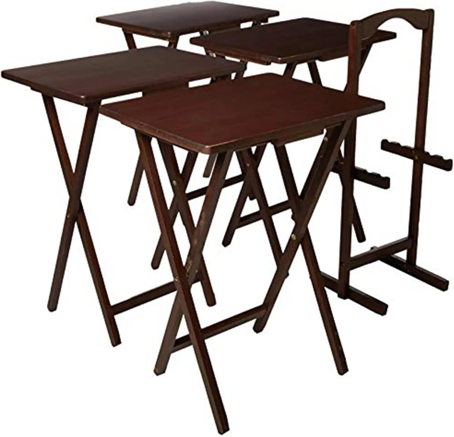 PJ Wood 5 Piece Set, 4 Folding Wooden TV Tray Snack Tables with Storage Rack, Walnut