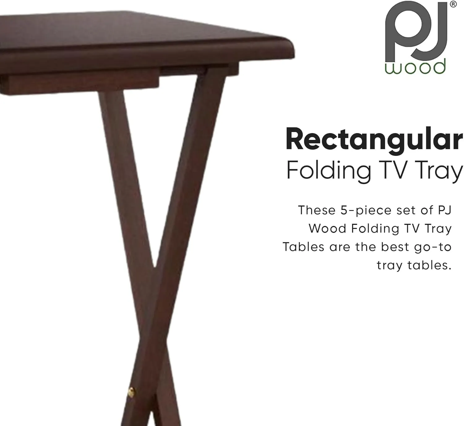 PJ Wood 5 Piece Set, 4 Folding Wooden TV Tray Snack Tables with Storage Rack, Walnut