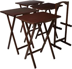 PJ Wood 5 Piece Set, 4 Folding Wooden TV Tray Snack Tables with Storage Rack, Walnut