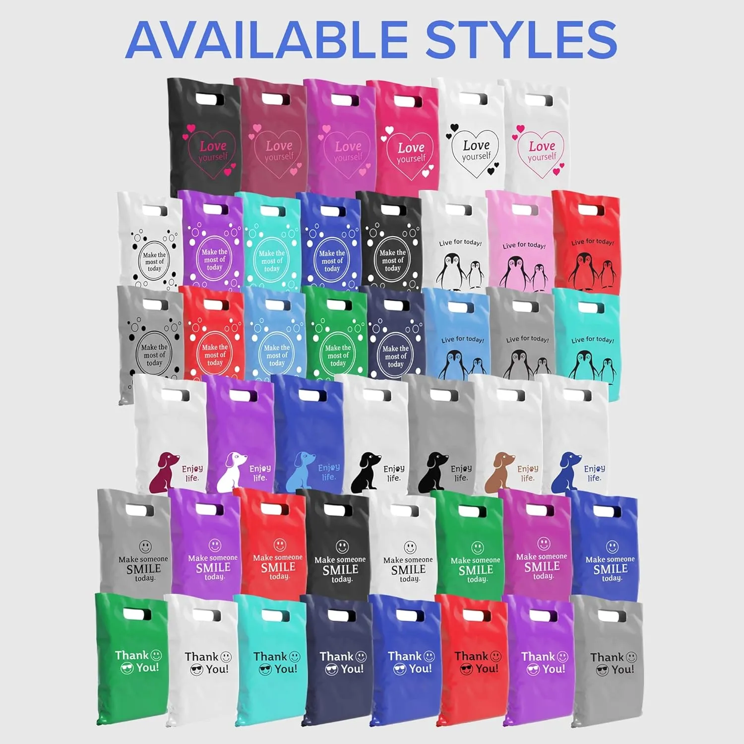 Plastic Bags with Handles,12x15 Merchandise Bags for Small Business,Die-Cut Retail Shopping & Boutique Bags,Vendor Event and Tradeshow Supplies,Live For Today