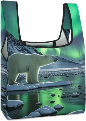 Polar Bears Northern Lights Tote Bag Reusable Shopping Handbag Washable Foldable Grocery Tote for Picnic Shopping
