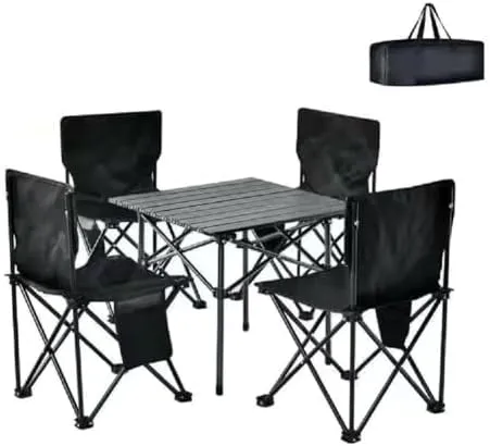 Portable Camping Table, Roll Top with 4 Chairs Iron Folding Lightweight Table Carry Bag for Picnic, Beach, Fishing, Hiking, Fishing,Blue