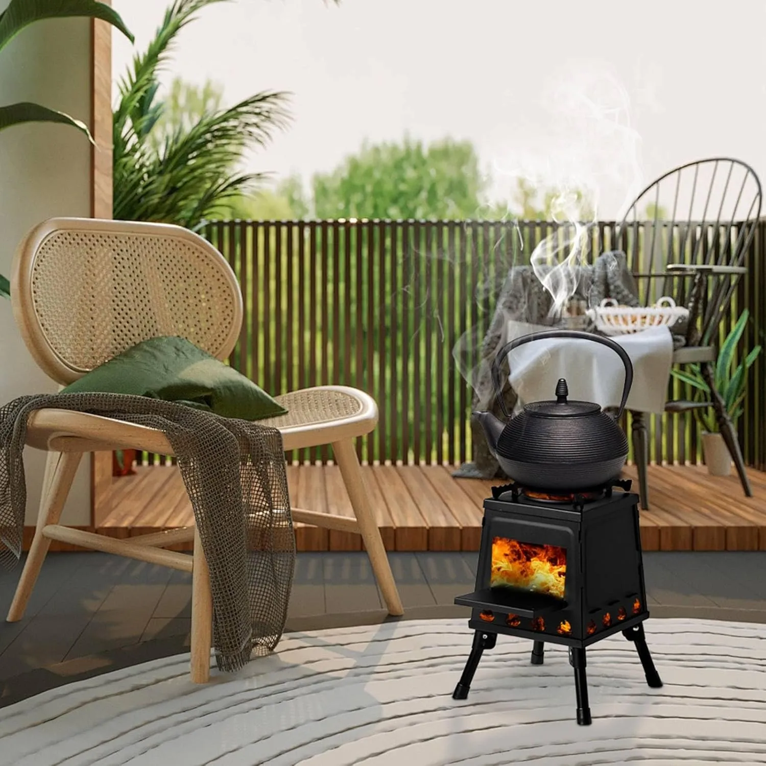 Portable Wood Stove, Rocket Stove for Camping, Large Fuel Chamber, Foldable Legs, Wood Burning Stove Tent Stove with Firewood Hook & Gloves Charcoal Stove for Cooking Hiking Picnic Hunting (Black)