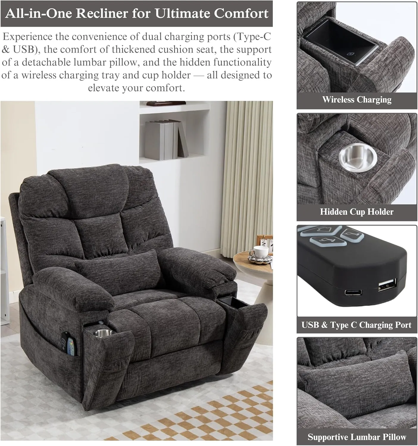Power Lift Recliner for Elderly Adults, Infinite Position Lay Flat Recliner with Heat & Massage, Cup Holder & Wireless Phone Charger, USB Type C Charging, Dual Motor Lift Chair 400 lbs